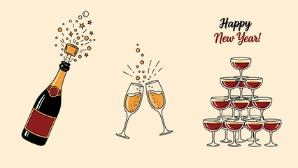 Festive illustration featuring a champagne bottle popping, toasting glasses, and a pyramid of drinks.
