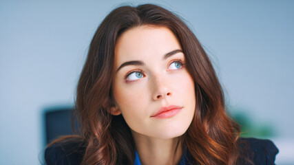Fototapeta premium Thoughtful woman pensive sad business worker office close up girl caucasian female, with soft light and calm mood, looking upward during work break in modern workplace setting