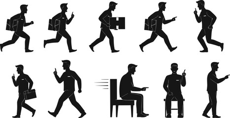 Cad drawing flat vector illustration of businessman running walking sitting and pointing gesture office worker silhouette design concept