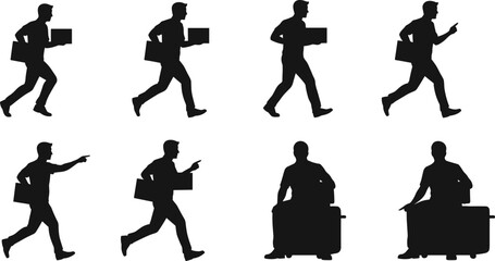 Cad drawing flat vector illustration of male delivery worker running walking carrying box and luggage courier service silhouette design