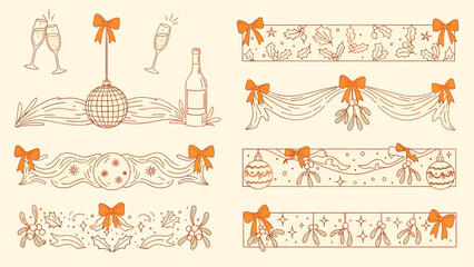 Collection of festive decorative borders and elements with bows, mistletoe, and champagne for celebrations. © Sultan Desain