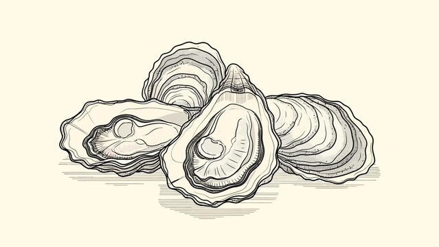 A detailed, hand-drawn illustration of a group of fresh oysters on a half shell.