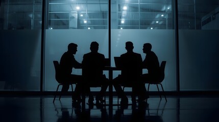 Silhouetted team working late in a modern glass office building at night, discussing strategy, business planning, innovation and collaboration in corporate workplace