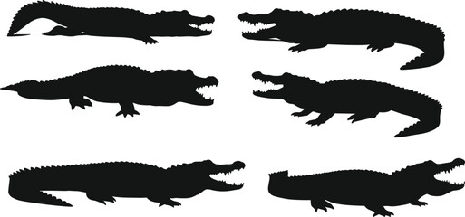 Crocodile silhouette collection isolated on white background, showing wild reptile poses, dangerous predator animal vector illustration for wildlife design and art