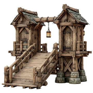 Rustic wooden drawbridge with medieval watchtowers and hanging lantern. 3D render