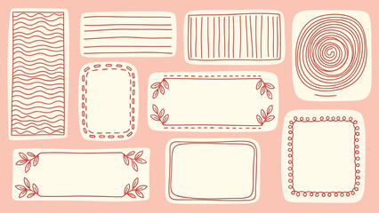 Collection of various hand-drawn label and frame designs with different patterns and shapes.