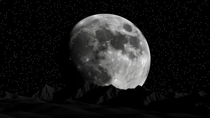 Full moon over mountain range under starry night sky