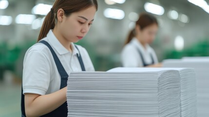 A focused worker inspects stacks of paper in a well-lit production environment, demonstrating attention to detail and efficiency.