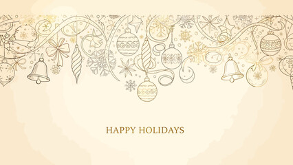 Obraz premium Elegant hand-drawn golden and silver Christmas holiday ornaments border with bells, baubles, snowflakes, and festive swirls on a light background, wishing Happy Holidays.