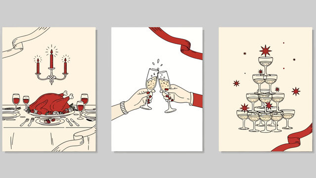 A set of three vintage-style illustrations depicting festive holiday celebrations, including a dinner feast, a champagne toast, and a champagne tower.
