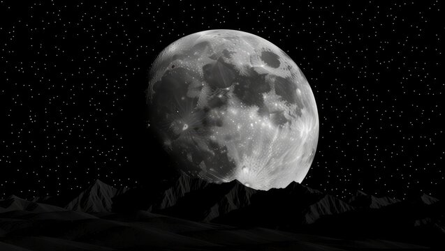 Full moon over mountain range under starry night sky