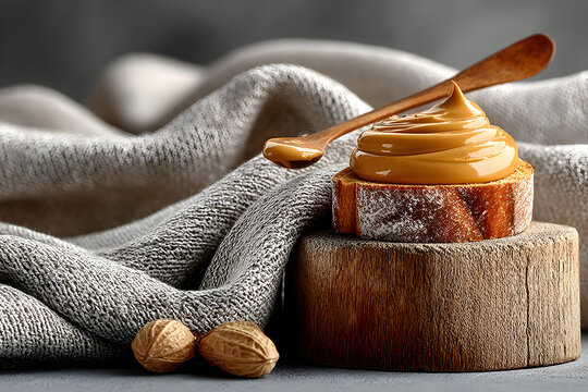 Delicious peanut butter on toast with wooden spoon ready to eat, perfect for breakfast or snack, styled shot for healthy eating promotions