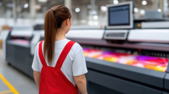 A person in a red outfit observes a large printing machine in a modern industrial workspace, showcasing vibrant colors and technology in action.