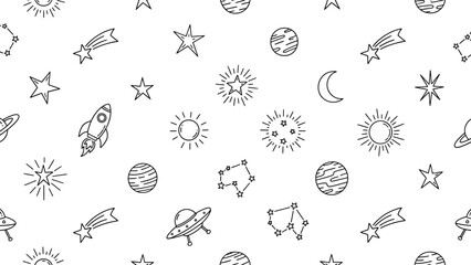 Seamless pattern of hand-drawn space doodles including rockets, planets, stars, and UFOs on a white background.