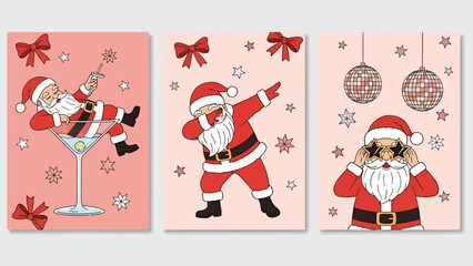 Three festive Christmas cards featuring Santa Claus in various humorous poses against a pink backdrop.