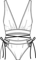 One-piece swimsuit fashion sketch, deep V-neck, wrap straps, high-cut leg, side ties, cad drawing flat vector illustration