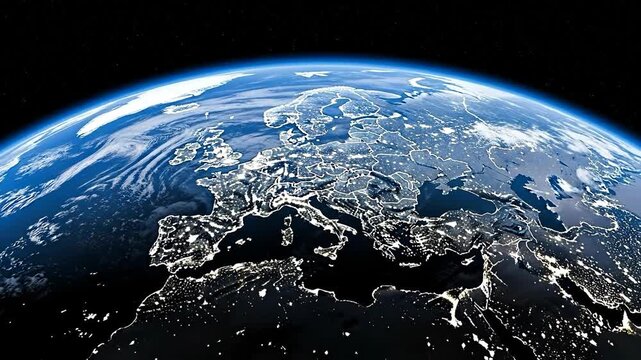 Illuminated Planet Earth At Night From Space With Glowing Cities Visible Against Dark Background With Stars Overhead
