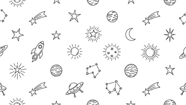 Seamless pattern of hand-drawn space doodles including rockets, planets, stars, and UFOs on a white background.