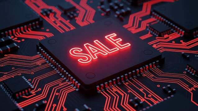 Neon SALE sign on circuit board with red glowing traces