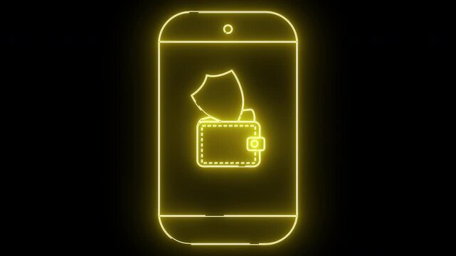 A glowing yellow outline depicts a smartphone with a shield and wallet on its screen against a black background