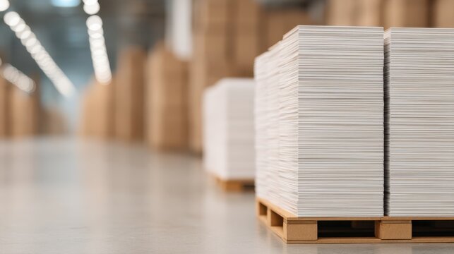 A stack of neatly arranged paper sheets on a wooden pallet, set in a spacious, modern warehouse environment with blurred background elements.