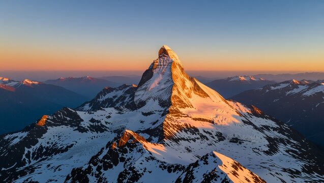Sunrise on snowcapped mountain peak