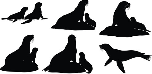 Sea lion silhouettes with pup, marine animal illustration, wildlife vector art, ocean creature design, seal family on rock, aquatic life graphic, nature theme