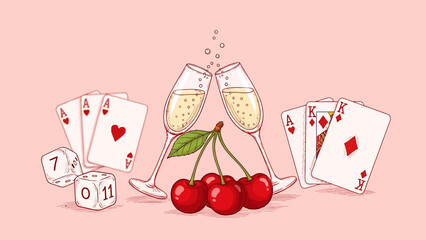 Hand-drawn illustration of two champagne glasses toasting, surrounded by playing cards, dice, and fresh red cherries on a pink background. © Sultan Desain