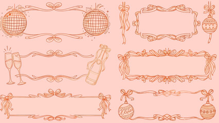 Hand-drawn festive frames and borders with party elements like disco balls, champagne, and ornaments on a pink background.