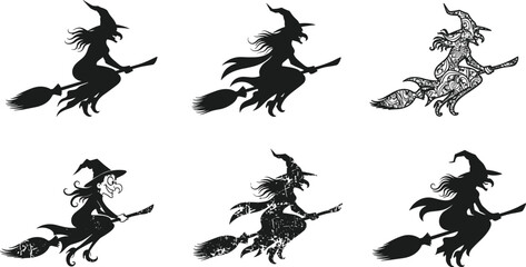 Set of flying witch silhouettes on broomsticks, Halloween magic design, spooky female sorceress illustration, fantasy vector art, night concept, horror theme
