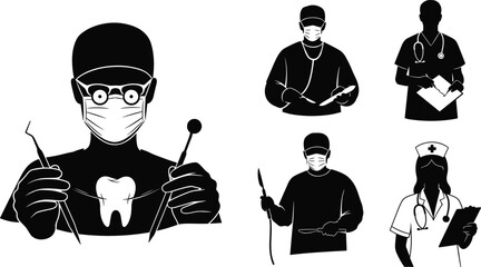 Silhouette illustration of dentist and doctors with surgical tools, nurse and healthcare professionals wearing masks, medical treatment and dental care concept