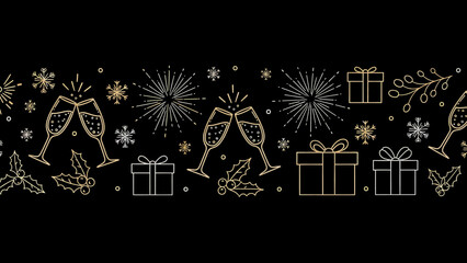A festive seamless pattern with champagne glasses, fireworks, gifts, and holly on a black background, perfect for holiday celebrations.