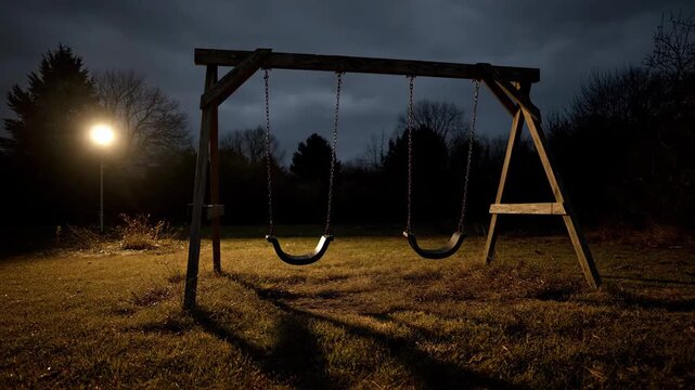 Empty swingset at night under glowing street lamp in park