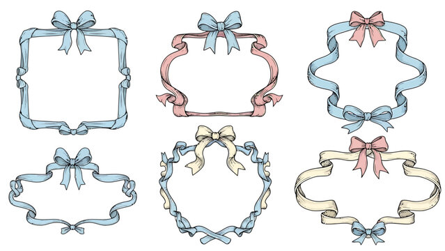 Collection of six decorative frames with ribbons and bows in pastel colors. - Powered by Adobe