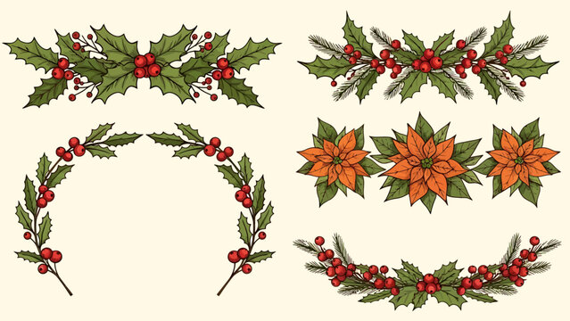 Christmas floral decorations: holly, poinsettia, and berries arrangements.