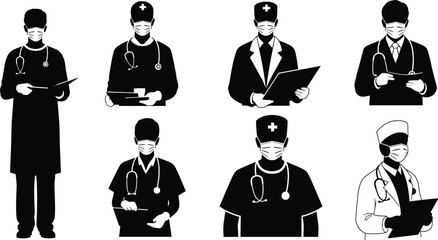 Silhouette of doctors and nurses wearing medical masks, healthcare professionals with stethoscopes, hospital staff illustration for medical concept design