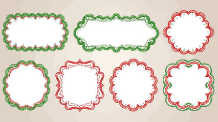 Collection of hand-drawn vintage frames and labels with red and green scalloped borders.