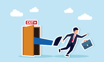 Businessman being pushed out of a room illustration of leaving business cooperation and collaboration