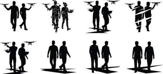 Silhouette people using drone technology for aerial photography, innovation, teamwork, and modern digital communication in outdoor environment, futuristic tech concept