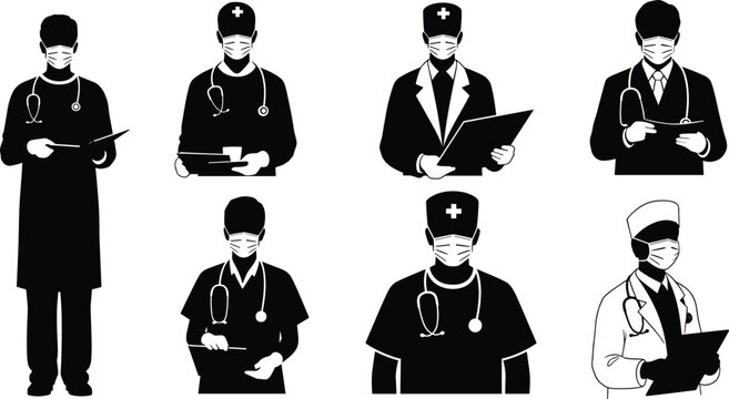 Silhouette of doctors and nurses wearing medical masks, healthcare professionals with stethoscopes, hospital staff illustration for medical concept design