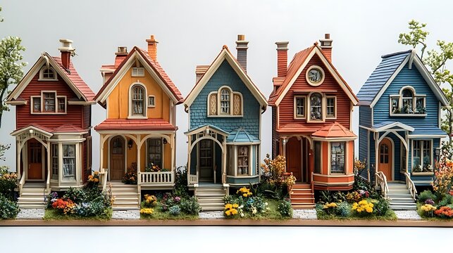 Row of quaint colorful wooden Victorian style house models with gardens and front steps
