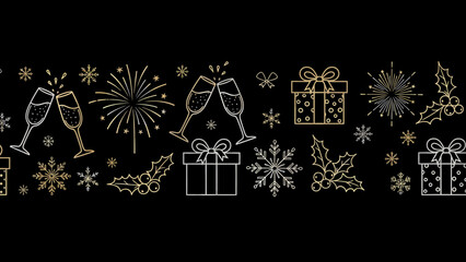 Festive New Year's Eve border with champagne, gifts, fireworks, and snowflakes.