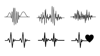 A collection of various wave forms, including sound waves and heartbeat EKG lines on a white background.