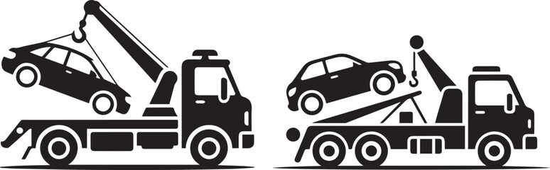 Two tow trucks carrying cars depicted in black and white vector illustration