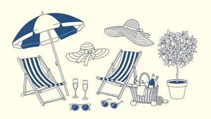 A collection of hand-drawn, vintage-style summer beach and picnic essentials for relaxation and vacation.