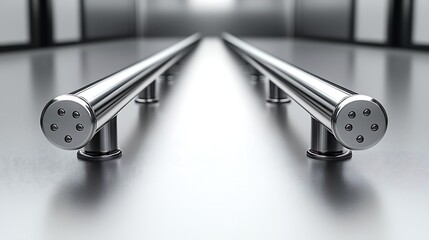 Shiny Metal Railings on Polished Floor, Modern Architectural Design, Chrome Reflective Surface