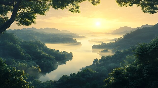 Serene Morning Landscape View with Misty River, Mountains, and Lush Green Trees - Powered by Adobe
