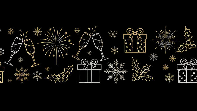 Festive New Year's Eve border with champagne, gifts, fireworks, and snowflakes.