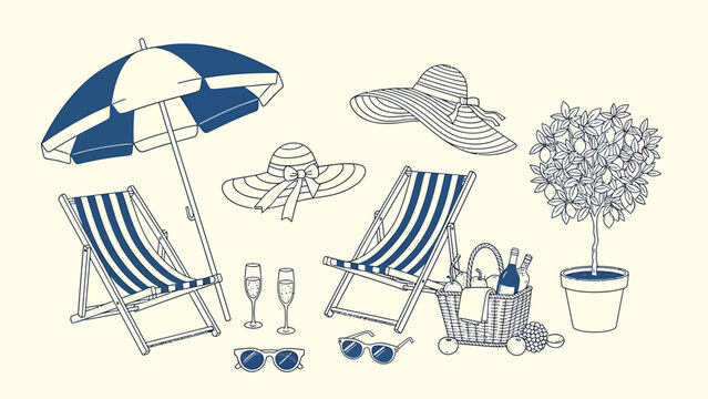 A collection of hand-drawn, vintage-style summer beach and picnic essentials for relaxation and vacation.
