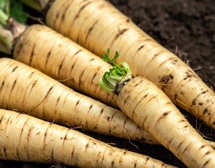 Root vegetables, parsnips laying on rich, dark soil